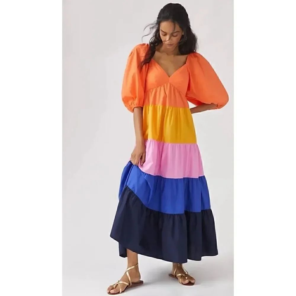 Farm Rio for Anthropology Colorblock Maxi Dress Balloon Sleeve Tiered Dress XS